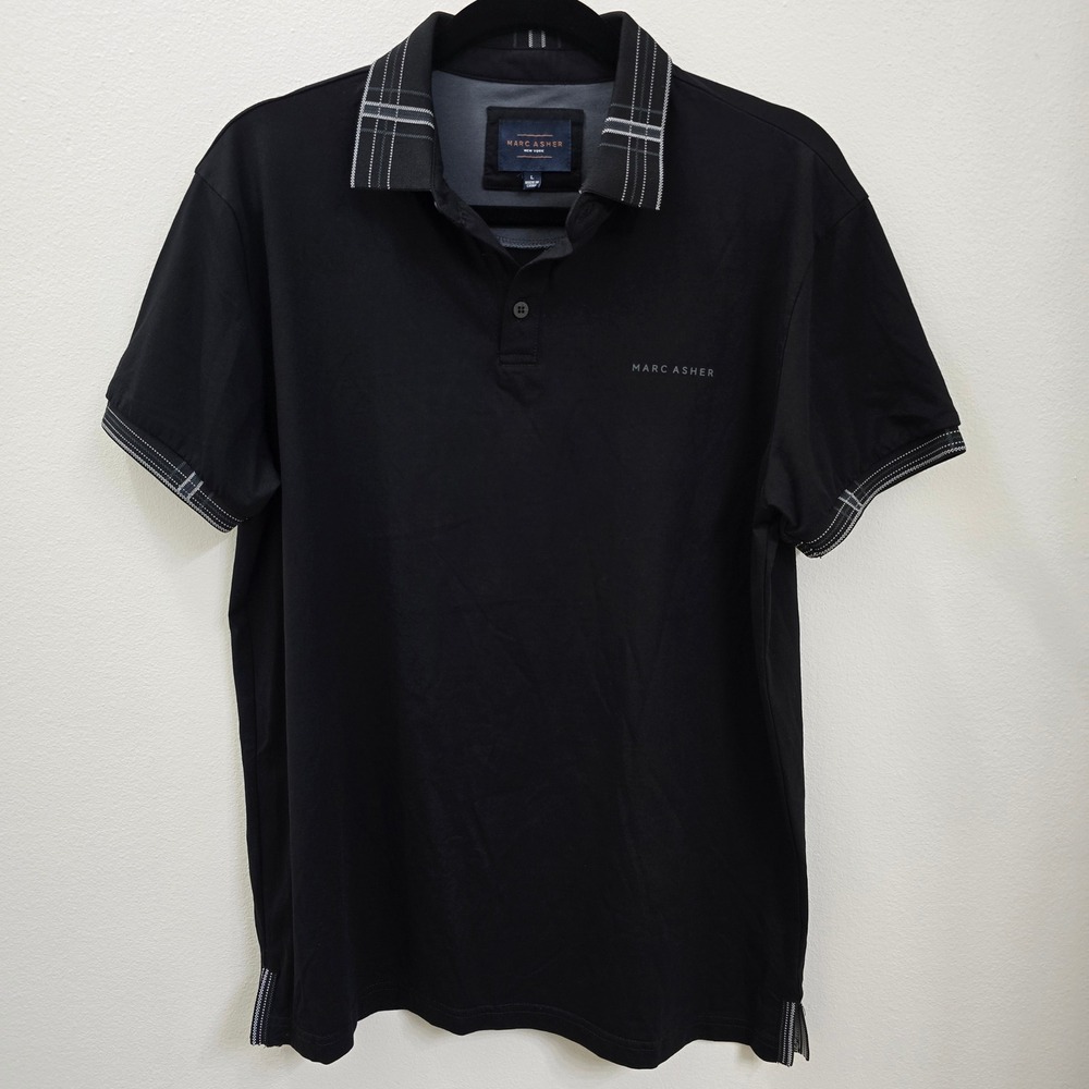Marc Asher New York Mens Black Plaid Trim Short Sleeve Polo Shirt Large‎ Casual